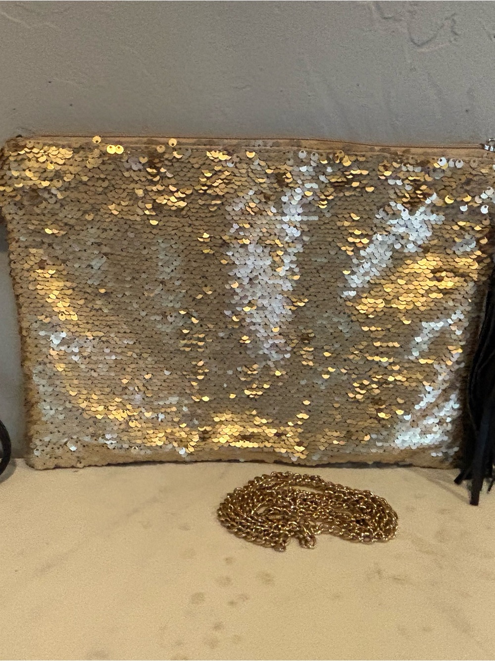 Gold Sequin Clutch Wristlet with Removable Chain